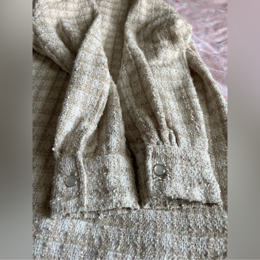 BB DAKOTA STEVE MADDEN Tweed Nevermind Boucle Snap Shirt Jacket Cream Tan Med - Picture 14 of 15